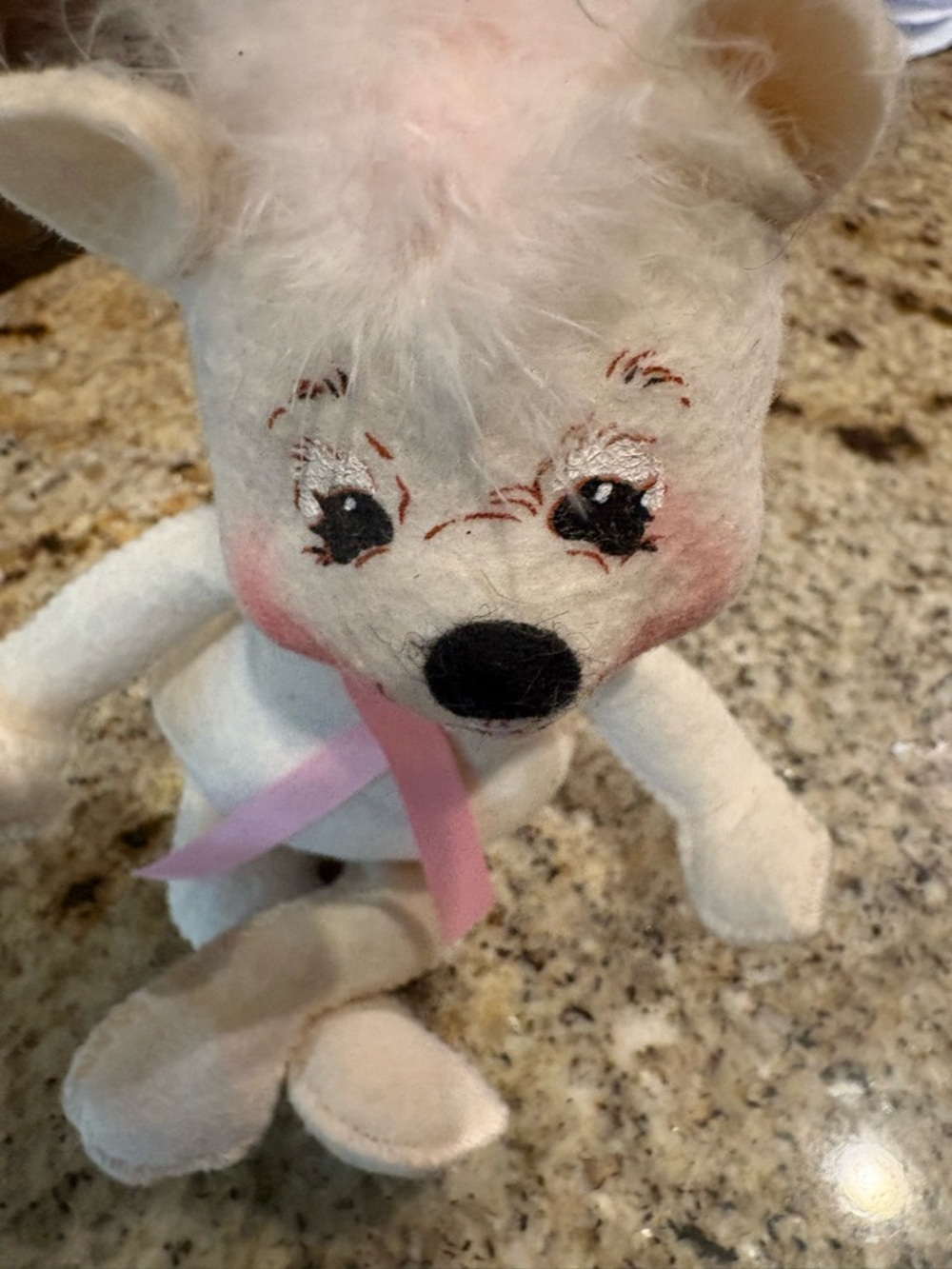 Annalee White Plush Bear with Pink Ribbon